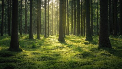 Obraz premium Sunlight streams through a dense forest floor covered in moss