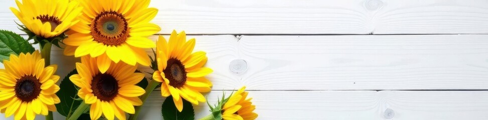Obraz premium Sunflowers in rustic setting White wood background , closeup, photography