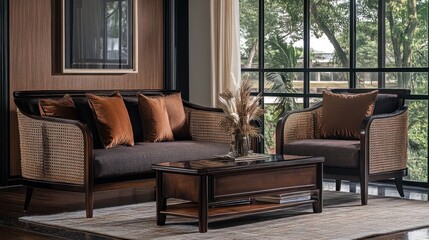 Elegant Living Room Furniture Set with Rattan Accents and Brown Cushions