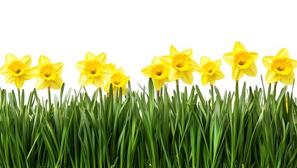 Vibrant Yellow Daffodils Blooming in Lush Green Grass Spring Border