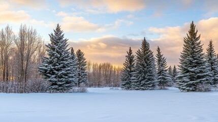 Winter Wonderland: Snow-Covered Evergreens at Sunrise
