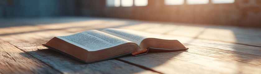 Fototapeta premium Sunlight pours through an old church window, casting a warm glow on an open Bible resting on a rustic wooden table, creating a serene and inviting atmosphere