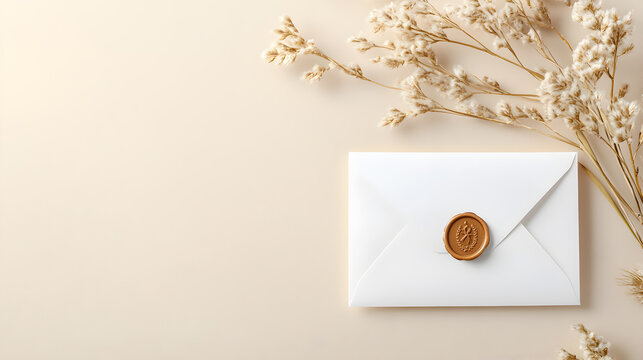 Minimalist invitation design featuring a white envelope with a classic wax seal, complemented by dried flowers. Ideal for elegant event branding, greeting cards, and romantic themes. Selective focus