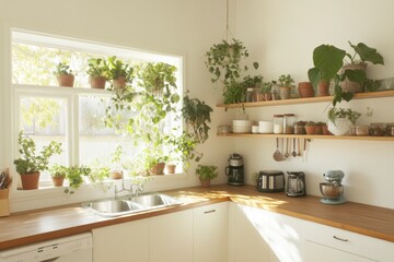 Modern Open Kitchen Featuring Wooden Countertops and Lush Greenery in a Sunlit, Warm Ambiance
