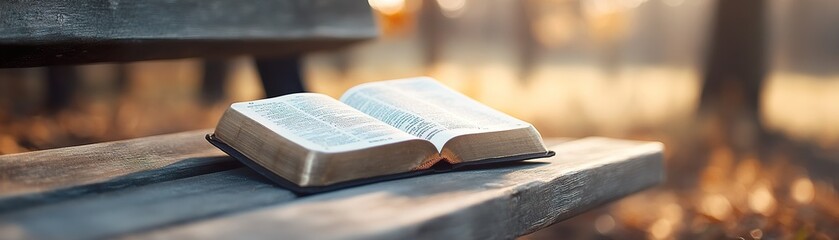Fototapeta premium An open Bible lies on an aged wooden bench, pages fluttering gently in a soft breeze. Sunlight streams through the trees, creating a peaceful atmosphere for reflection and study