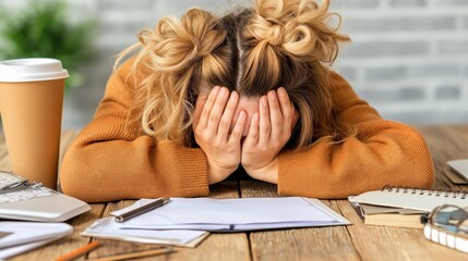 student sits at a cluttered desk with hands covering her face in frustration
