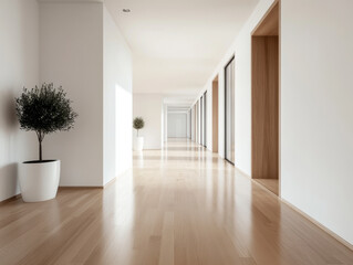 Fototapeta premium Elegant hallway in a contemporary apartment with wooden flooring and neutral tones.