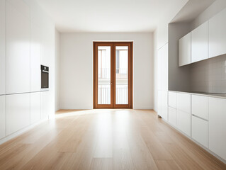 Fototapeta premium Sleek contemporary kitchen with white cabinets and a spacious open layout.