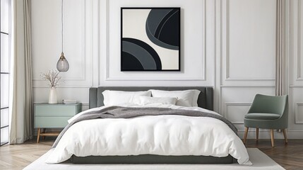 Generative AI, Minimalist Contemporary Bedroom with Abstract Art and Cozy Textures