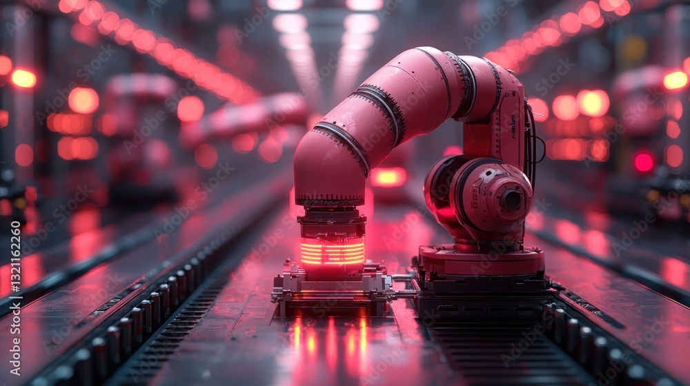 Poster robotic arm working in futuristic factory setting with red lighting