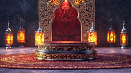 Fototapeta premium 3D Ramadhan podium is placed on a luxurious Persian carpet Show an elegant Ramadan lantern setup in the background Use deep red, gold, and beige colors Vibrant color