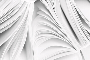 A close-up abstract shot of white book pages fanned out creating intricate curves and depth

