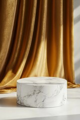 White Stone Pedestal with Golden Curtain for Product Presentation