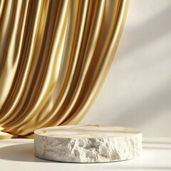 White Stone Pedestal with Golden Curtain for Product Presentation