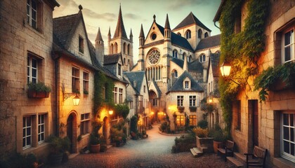 Obraz premium Charming medieval village with cobblestone streets and timber-framed houses. Historic European town with a cathedral in the background.