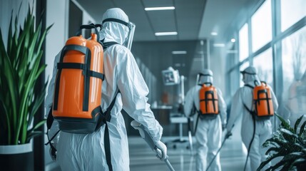 Team in Protective Suits Conducting Disinfection in Modern Office Environment with Equipment and Precautions