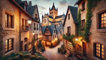 Obraz premium Charming medieval village with cobblestone streets and timber-framed houses. Historic European town with a cathedral in the background.