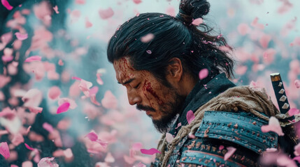 A somber warrior amidst falling petals; a contemplation on honor, sacrifice, and ephemeral beauty; ideal for historical drama posters.
