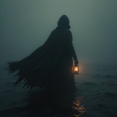 Cloaked figure with lantern by water
