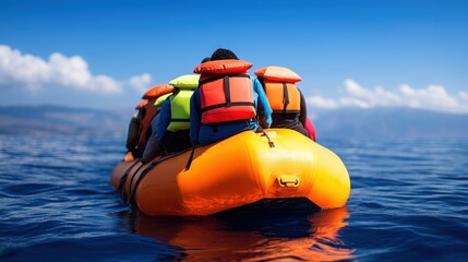 Enthusiastic adventurers paddle together in a vibrant orange kayak under a clear sky. calm blue ocean sparkles as they enjoy an exciting day of water sports and teamwork