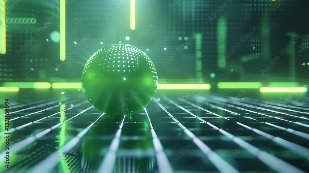 Wall mural futuristic abstract digital sphere with green neon lights and reflective surface in high-tech enviro