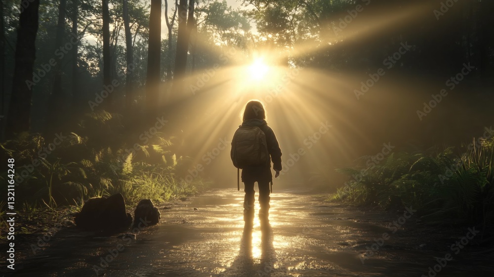 Poster child with a backpack stands on a forest path, enveloped in soft sunlight filtering through trees, c