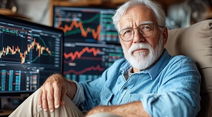 older man with white hair and glasses sits confidently in a well-lit home office. He observes stock market charts on multiple screens, engaged in analysis and decision-making