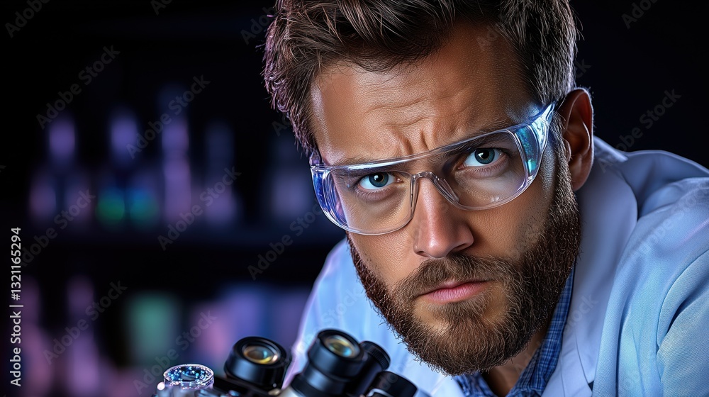 Aufkleber focused scientist with glasses examines specimens through a microscope in a laboratory filled with s