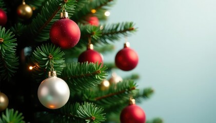 Colorful festive red and white glass ornaments hung on the branches of a tall evergreen tree, holiday, red, decorated