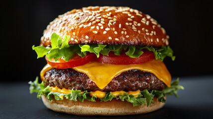 Delicious juicy cheeseburger with sesame bun and lettuce eat food beef meat meal lunch tasty fresh