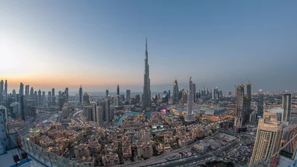 Poster Dubai Downtown day to night timelapse view from the top in Dubai, United Arab Emirates