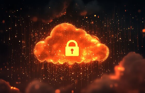 Secure Cloud Computing Abstract Fiery Cloud with Padlock - Digital Data Security Illustration