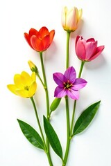 Colorful flowers on white background with stems, green, blossom, stem