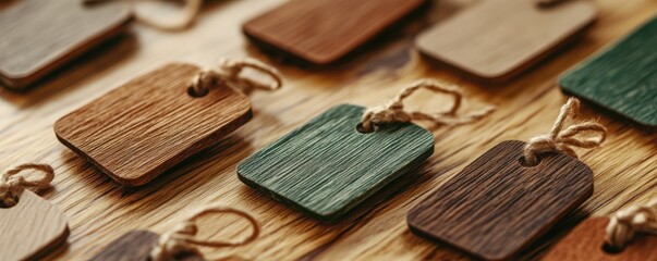 Wooden tags on string with diverse colors and textures arranged neatly on wooden surface