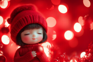 Fototapeta premium Adorable red hat girl doll holding ornament festive christmas up toy art cute happy sweet child close