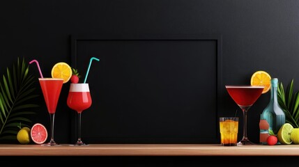 Chalkboard sign with illustrations of cocktails, positioned at the entrance of a cocktail bar, welcoming customers with happy hour specials, chalkboard sign, elegant bar decor