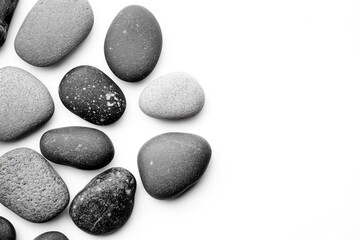 Smooth, varied stones arranged on white background