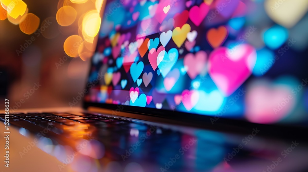 Poster colorful heart shapes background on laptop screen with soft bokeh effect in a romantic setting at ni