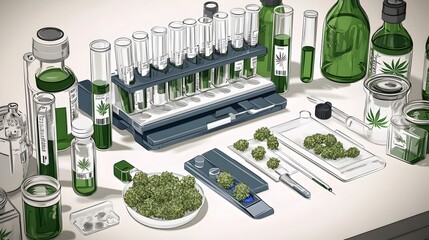 A lab environment featuring marijuana samples and bottles for cannabis potency testing and quality control analysis