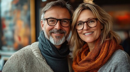 A couple in their fifties passionately discusses and selects bold contemporary art at an art gallery, excited to enhance their living room aesthetics with unique pieces