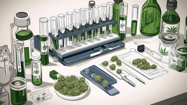 A lab environment featuring marijuana samples and bottles for cannabis potency testing and quality control analysis