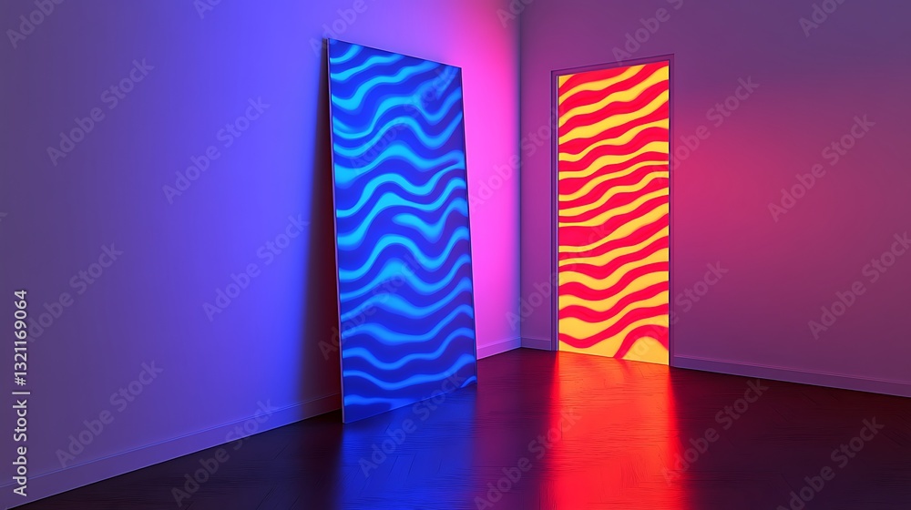 Poster neon reflections and chromatic wave forms in a modern minimalist setup