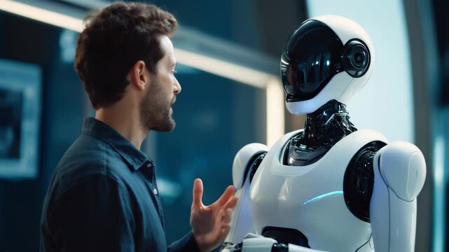 Male Engineer and Humanoid Robot Collaborate on Innovative Technologies in a High-Tech Laboratory