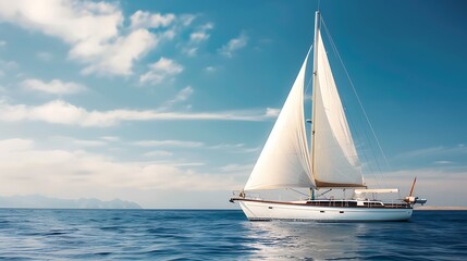Fototapeta premium Beautiful sailboat gliding smoothly across calm blue ocean waters under a clear sky with soft white clouds