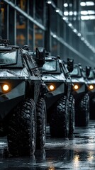 A series of armored vehicles standing side by side in a factory, highlighting the advanced defense manufacturing process, metal textures gleaming