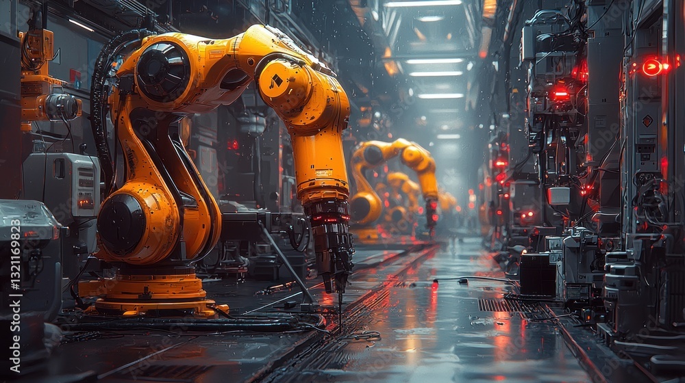 Poster industrial robot arm precision work in automated factory production line