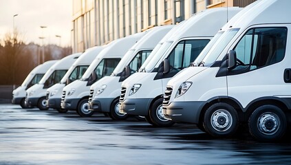 Row of White Delivery Vans Parked Outside Modern Warehouse Building