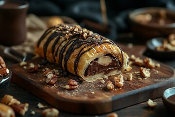 Chocolate hazelnut strudel on slate with caramel drizzle. AI generative
