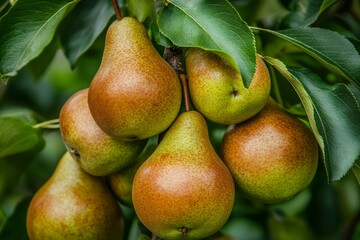 Ripe pears on tree branch in sunlit orchard. AI generative