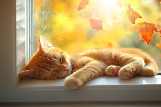 Sleeping cat amid autumn leaves by window in warm light. AI generative - Powered by Adobe